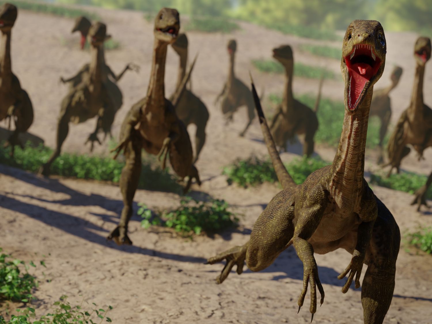 Několik hbitých dinosaurů Compsognathus longipes prchá přes pravěkou krajinu.